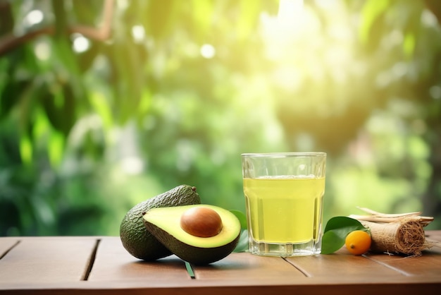 A wooden table set close to a basket with a glass of juice embracing nature's bounty