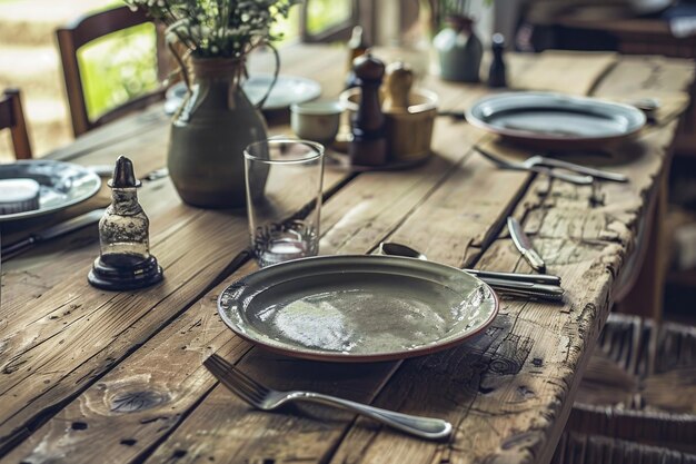 деревянный стол с тарелками и столовыми приборами