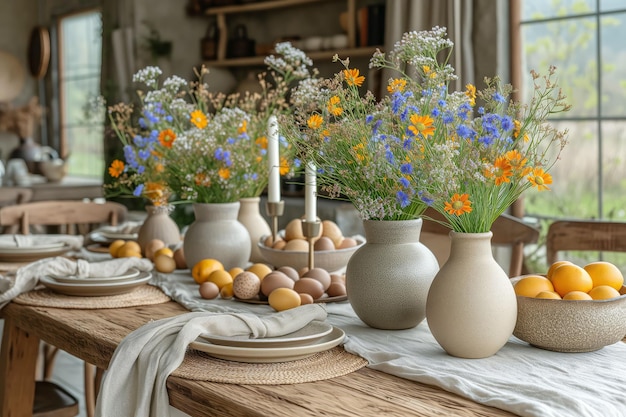 春の活気のある木製のテーブルセットと新鮮な卵 イースターの野花祭り