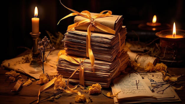 A wooden table showcases a collection of handwritten letters from the past tied together with a ribbon accompanied by a vintage quill