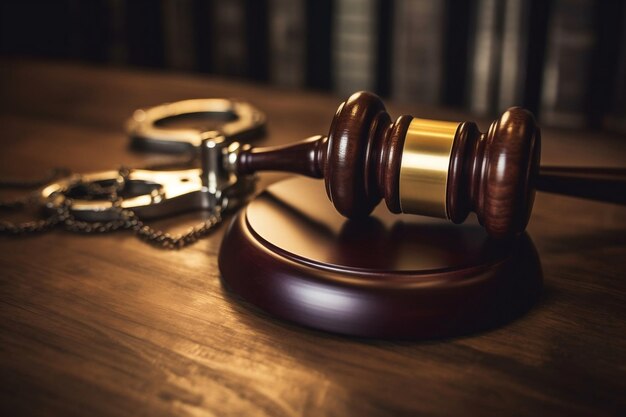 A wooden table showcasing a gavel and handcuffs AI