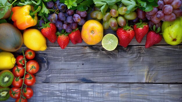 Wooden table showcasing local whole foods in still life photography aig