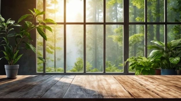 Wooden table sits in front of large window with sunlight streaming through and green plants