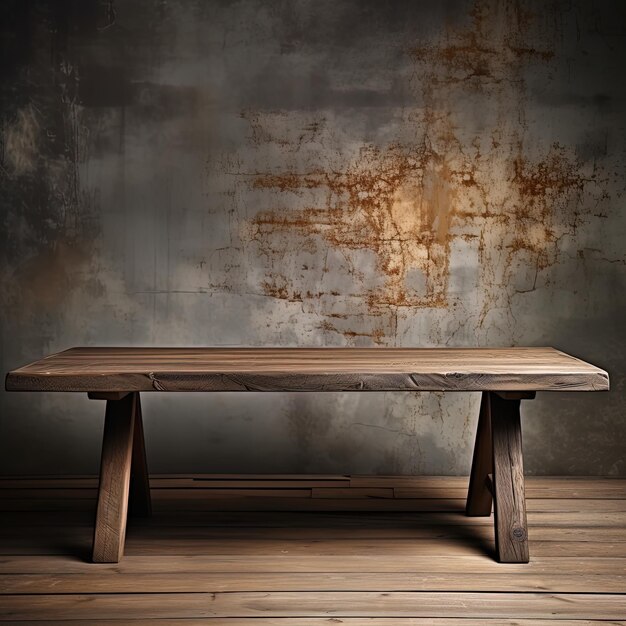 a wooden table sits in front of a wall with a brown stain