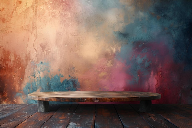 Photo a wooden table sitting in front of a colorful wall with a painting on