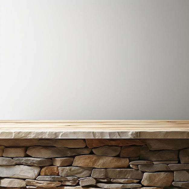 Foto un tavolo di legno seduto sopra un muro di pietra