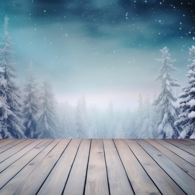 A wooden table on a snowy christmas background