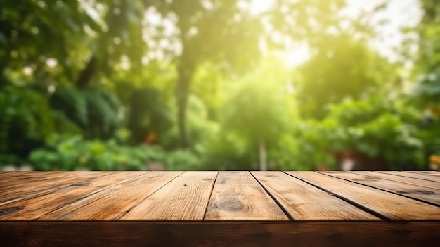 緑の家の裏庭の景色の木製のテーブルスペース ぼやけた背景
