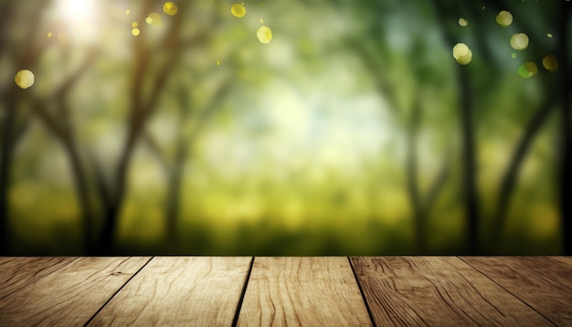 Photo wooden table and spring forest background generative ai