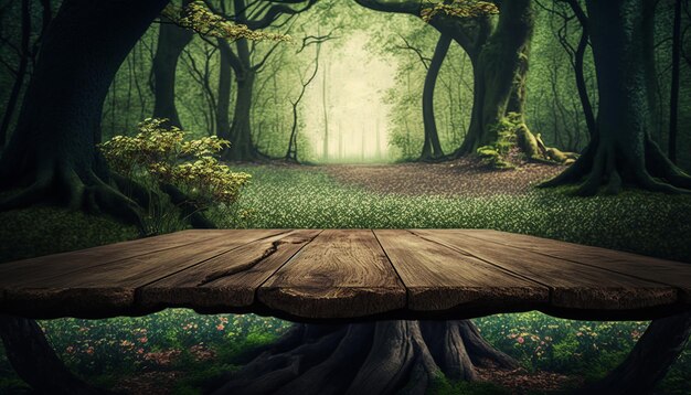 Wooden table and spring forest background generative ai