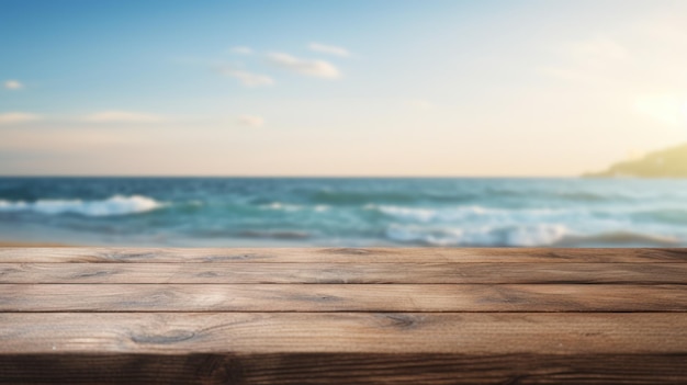 the wooden table stage background and the sea blur