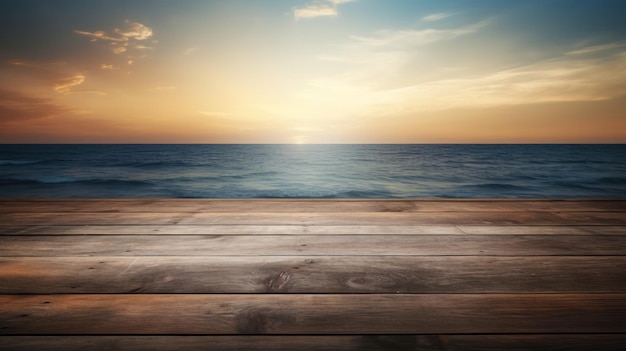 wooden table stage background and sea view