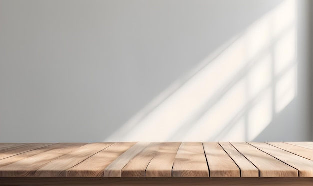 Wooden table and sunlit wall product mockup template