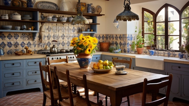 Foto un tavolo di legno circondato da sedie in una cucina accogliente che invita al calore e alla convivenza