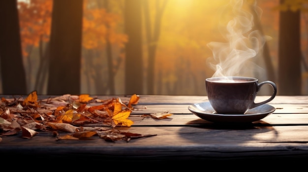 A wooden table surrounded by fallen leaves features steam rising from a tea cup