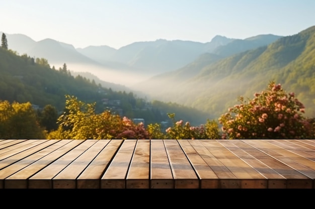 Деревянная терраса с столом Утром свежая атмосфера природа ландшафт генеративный ai