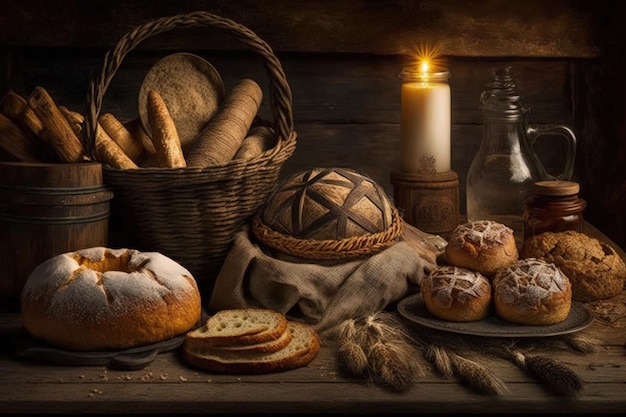 On a wooden table there are fresh bread goods