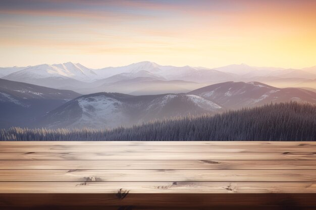 Photo wooden table top against the backdrop of winter snowy high mountains at sunset montage style to dispaly the productai generative