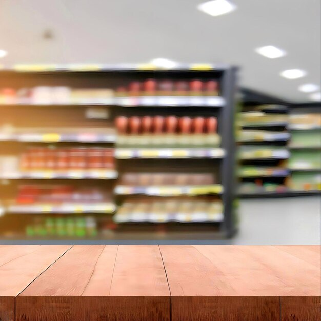 Wooden table top and blur background of hypermarket shelves Mock up for product display