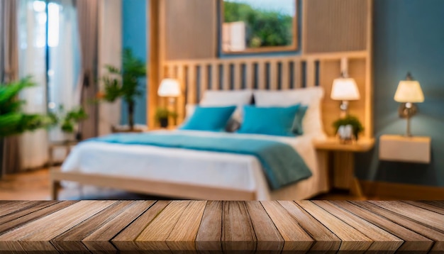 Wooden table top on blur bedroom room backgroundModern bedroom room interior