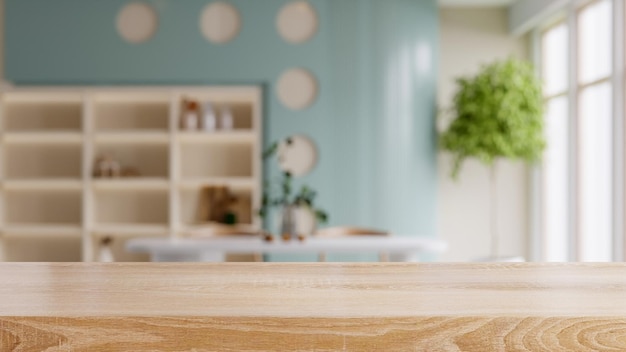 Wooden table top on blur dining room backgroundModern Contemporary blue dining room interior3d rendering