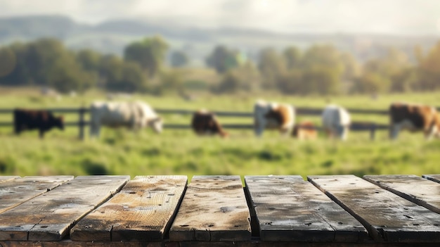 Foto tavolo in legno su un campo sfocato e una fattoria di mucche da latte posto vuoto per il cibo latte altra bevanda