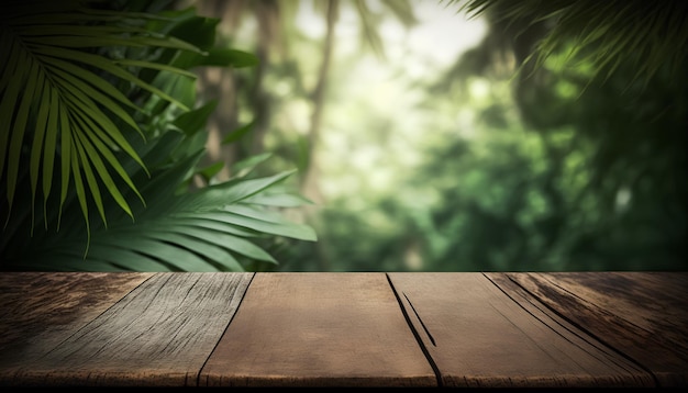 Photo wooden table top on blur green nature background with bokeh image