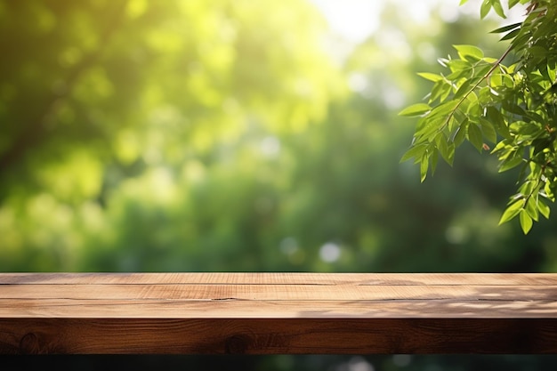 Wooden table top on blur green nature background with bokeh light