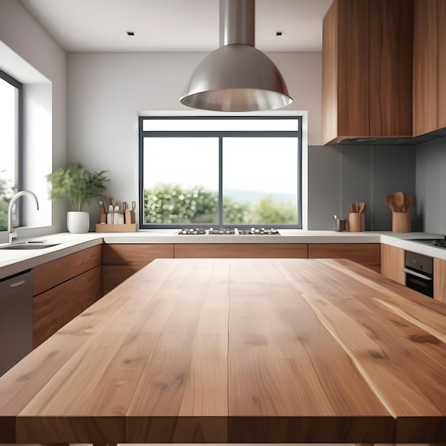 Wooden table top on blur Island type kitchen room background contemporary kitchen room interior