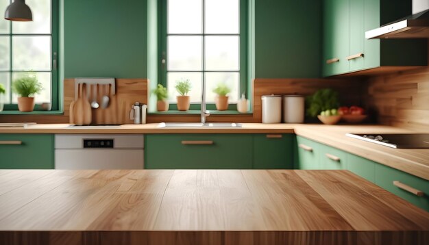 Wooden table top on blur kitchen room backgroundmodern contemporary green kitchen room interior