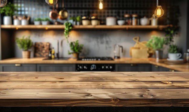 wooden table top on blur kitchen room backgroundmodern contemporary kitchen room interior