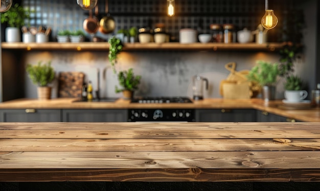 Tavola in legno sullo sfondo della cucina moderna interno della cucina contemporanea