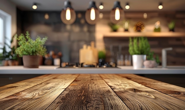 Wooden table top on blur kitchen room backgroundModern Contemporary kitchen room interior