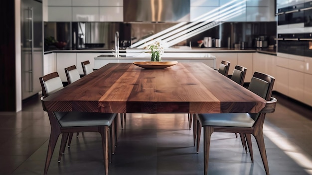 Wooden table top on blur kitchen room backgroundmodern kitchen room interior