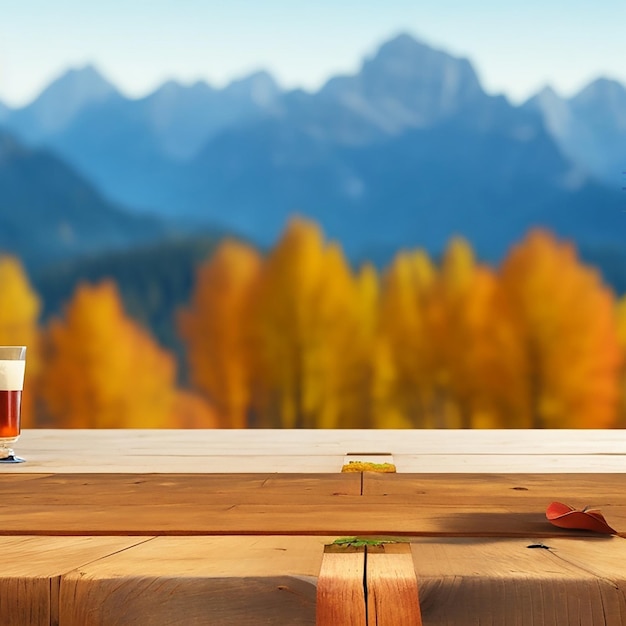 The wooden table top on blurred background of autumn color landscape in dolomites generated by AI