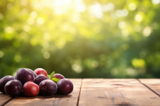 Wooden table top on blurred background of orchard with plums