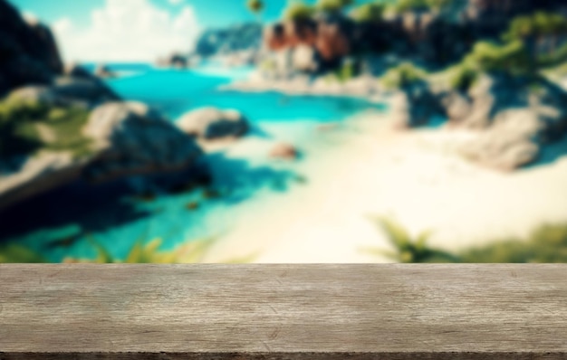 Wooden table top on blurred beach background summer concept