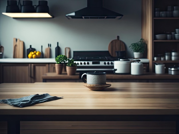 Wooden Table Top on Blurred Kitchen Room ai generative