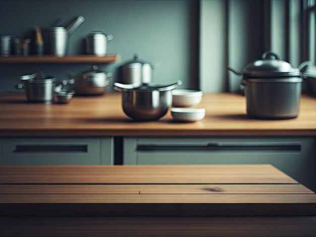 Wooden Table Top on Blurred Kitchen Room ai generative