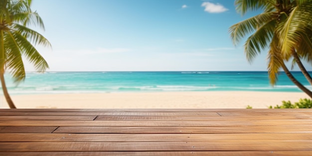 Photo wooden table top for displaying products in front of stunning tropical beach