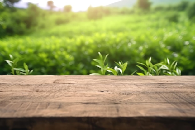 wooden table top on the green field with fresh tea plantations background