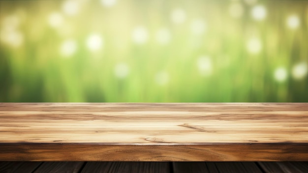 The wooden table top is empty with a blurry English garden background Generative AI