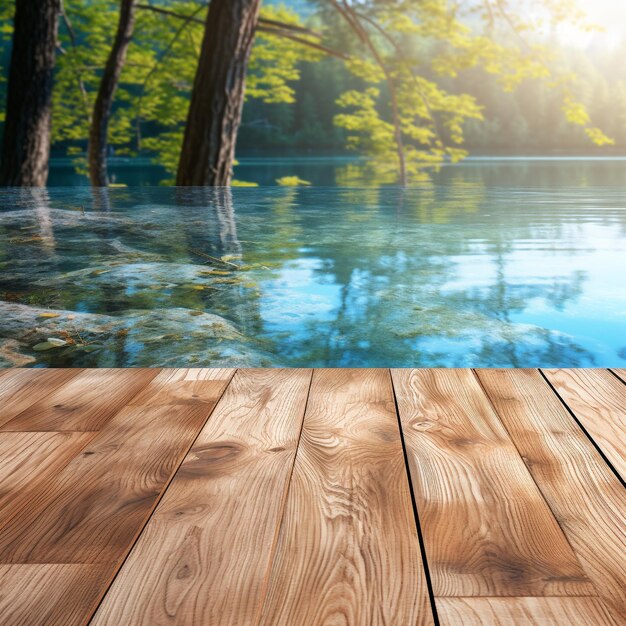 Foto tavola di legno con uno sfondo sfocato di un lago