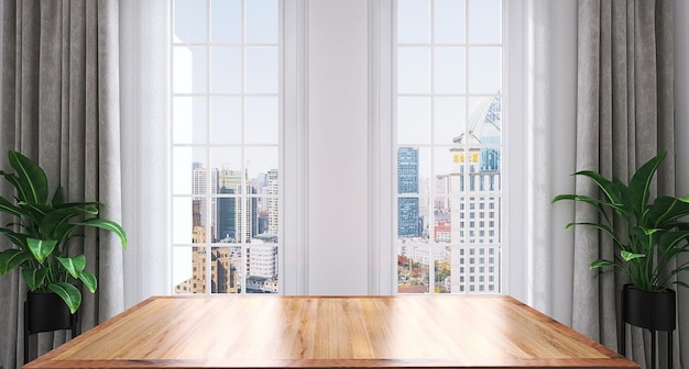 Wooden table top view with city buildings backdrop