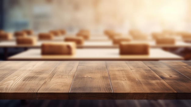 The wooden table top with blur background of classroom Exuberant