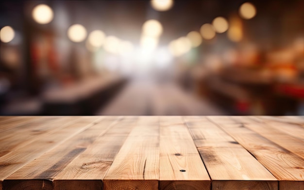 A wooden table top with a blur background of lights in the background of the table and the table top