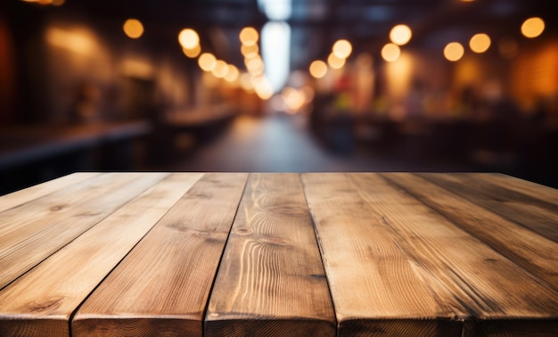 A wooden table top with a blur background of lights in the background of the table and the table top
