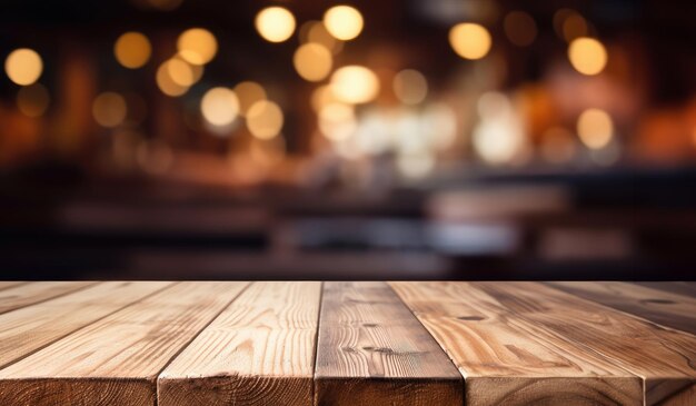 A wooden table top with a blur background of lights in the background of the table and the table top