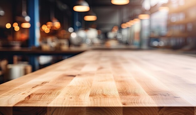 A wooden table top with a blur background of lights in the background of the table and the table top