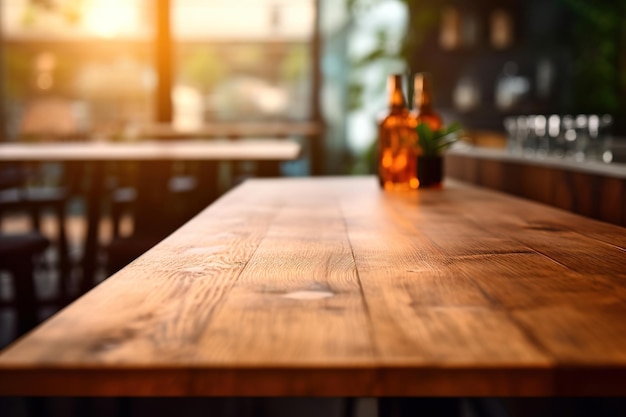 wooden table top with blur background of restaurant